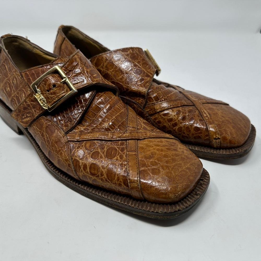 Mens David Eden Genuine Alligator Crocodile Shoes 8.5 Tan Monk Strap Loafers